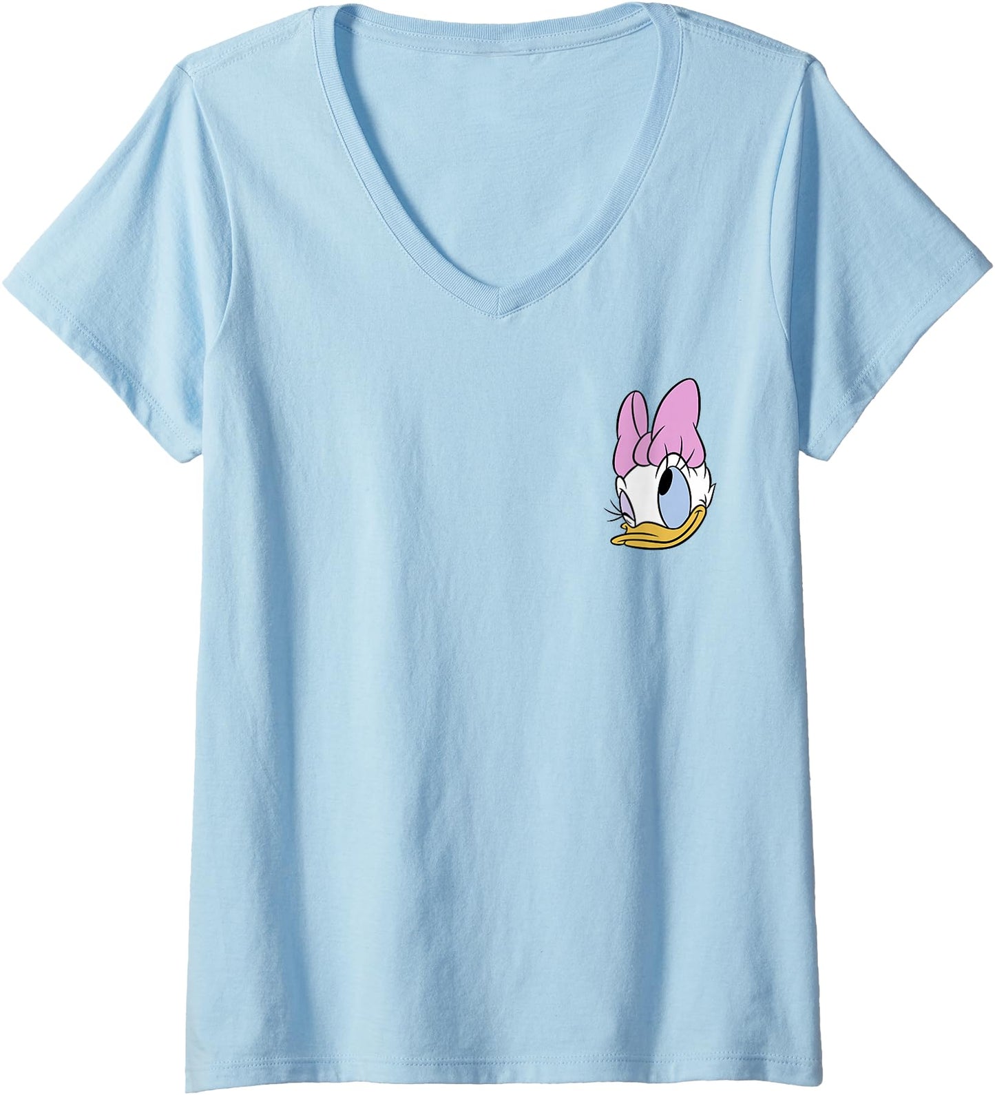 Disney Women's T-Shirt - Mickey And Friends Daisy Duck Face Small Pocket Logo V-Neck