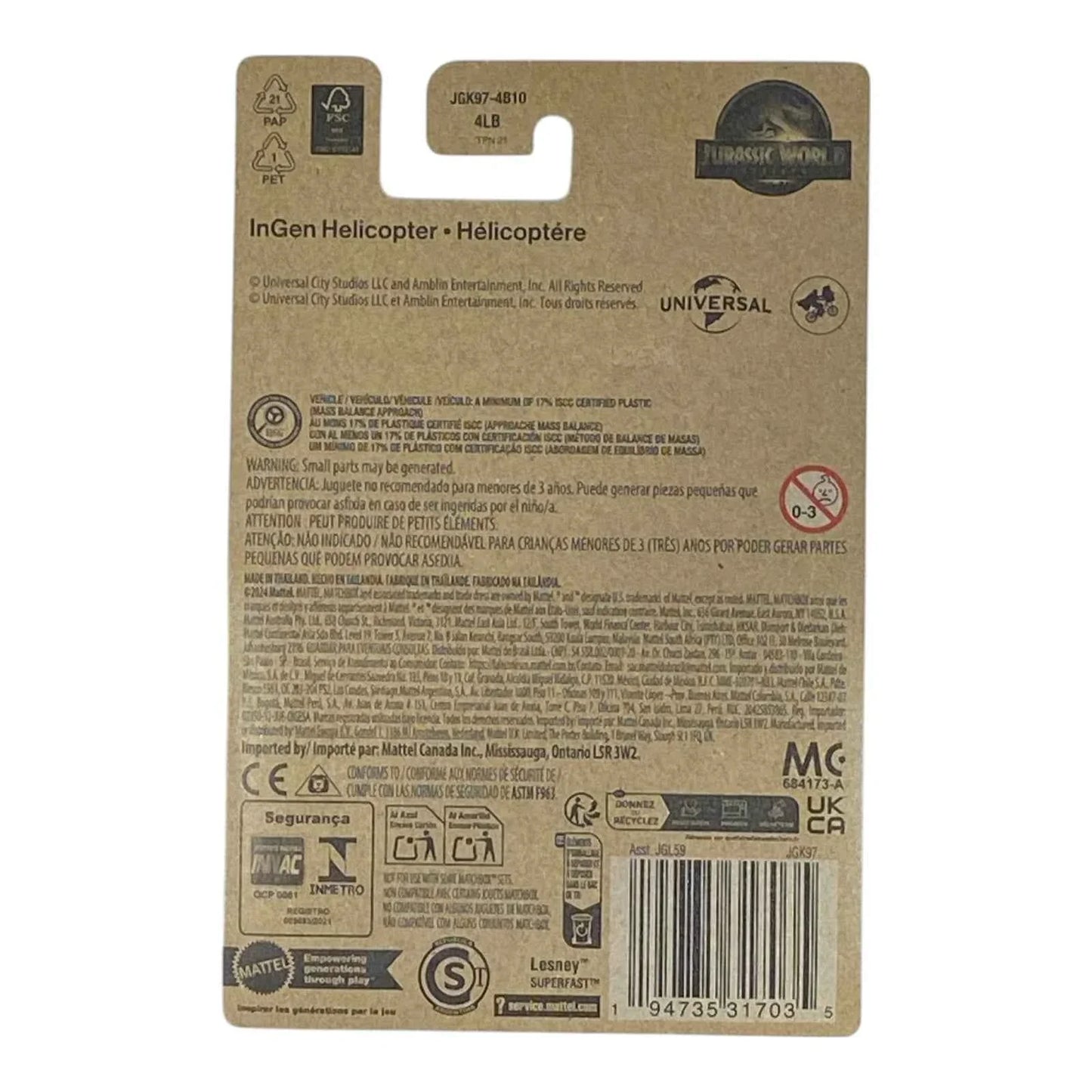 Movie Matchbox - Jurassic World InGen Helicopter - Jurassic World Rebirth Collection
