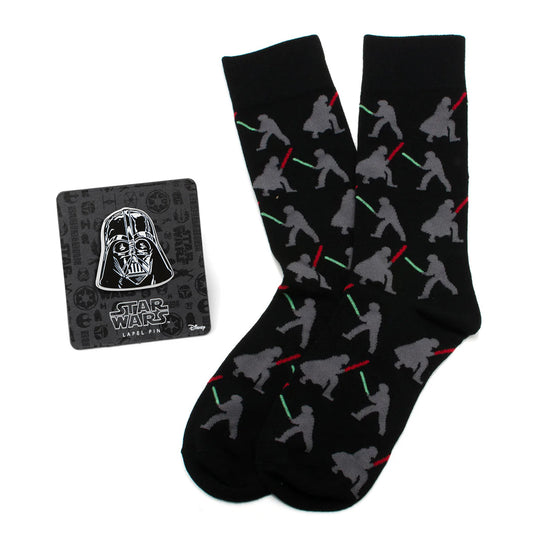 Star Wars Darth Vader and Luke Skywalker LIGHTSABER Battle Black Dress Socks and Darth Vader Lapel Pin Gift Set