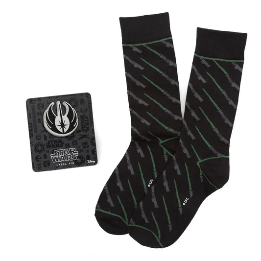 Star Wars Green LIGHTSABER Dress Socks with Jedi Crest Lapel Pin Gift Set
