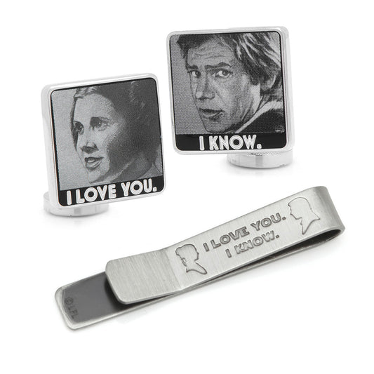 Star Wars Princess Leia and Han Solo "I Love You / I Know" Cufflinks with Hidden Message Tie Bar Gift Set