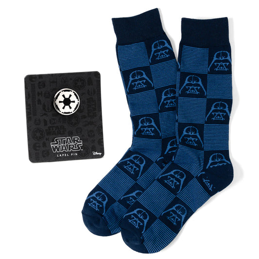 Star Wars Darth Vader Navy and Black Checkered Socks with Imperial Crest Lapel Pin Gift Set