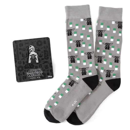 Star Wars Mandalorian and Grogu Gray Dress Socks and Lapel Pin Gift Set