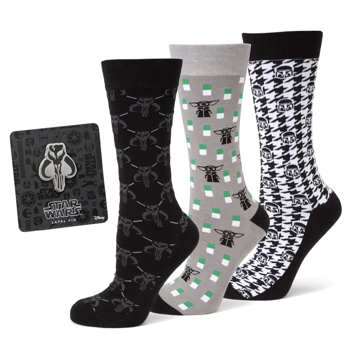Star Wars Mandalorian Dress Socks 3-Pack and Mythosaur Lapel Pin Gift Set