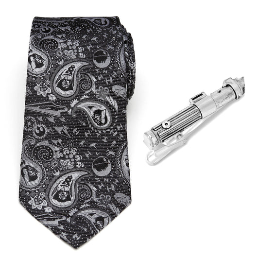 Star Wars Darth Vader Black and Gray Paisley Tie and LIGHTSABER Tie Clip Gift Set
