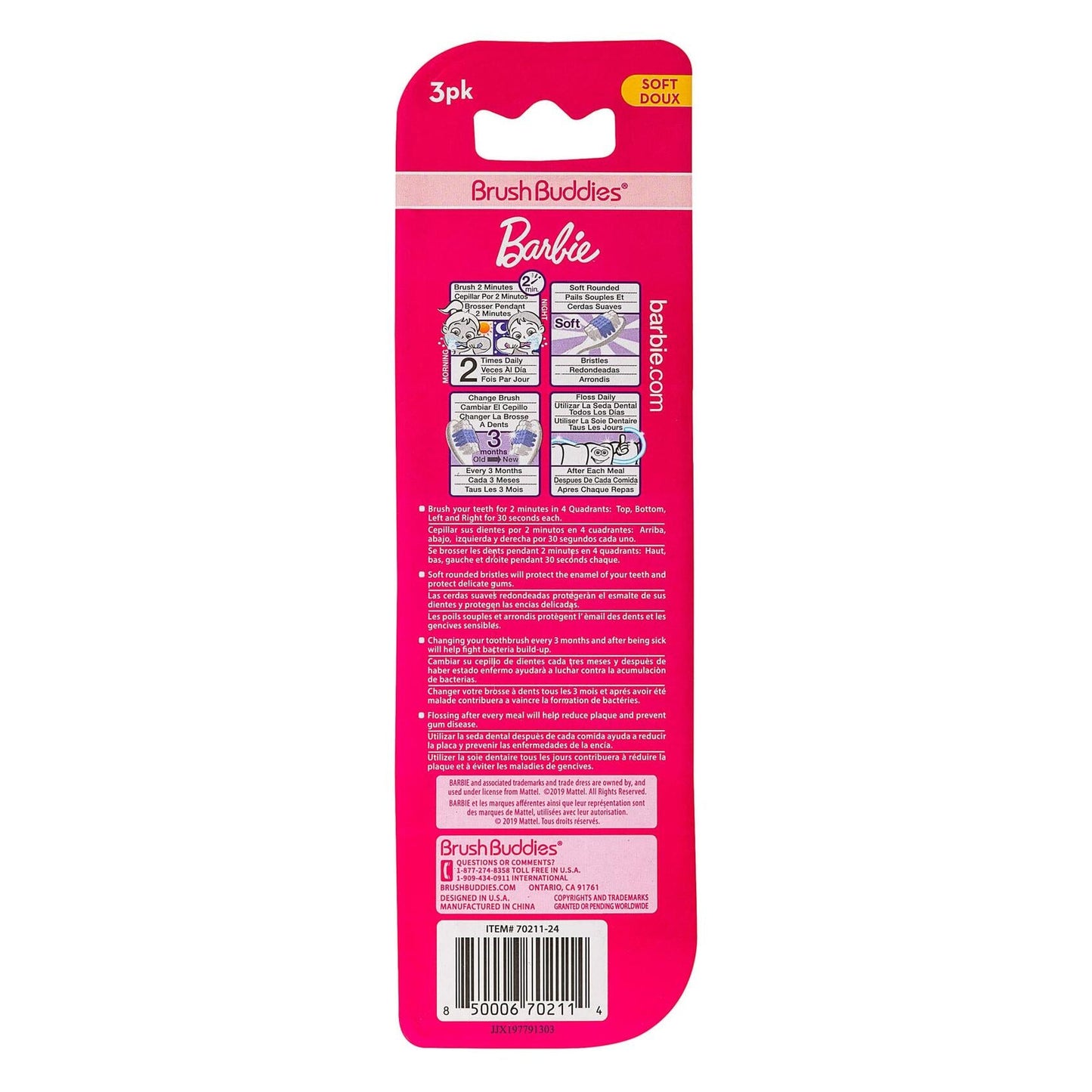 Barbie Kids Brush Buddies Toothbrush 3 Pack