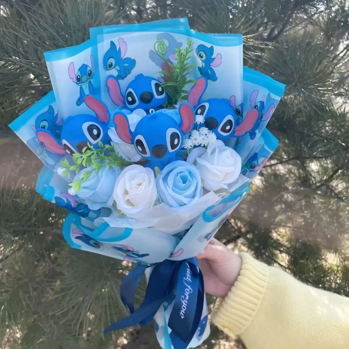Disney Kawaii Stitch Plush Bouquet – Blue Cartoon Action Figure Gift Set