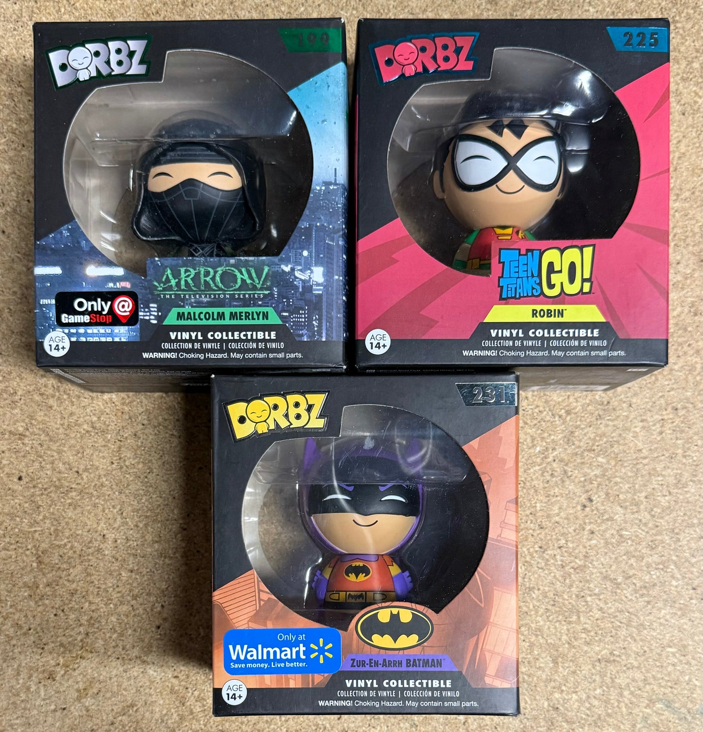 DC Funko Dorbz Set - Arrow Malcolm Merlyn, Robin & Zur-En-arrh Batman Exclusive Lot Of 3