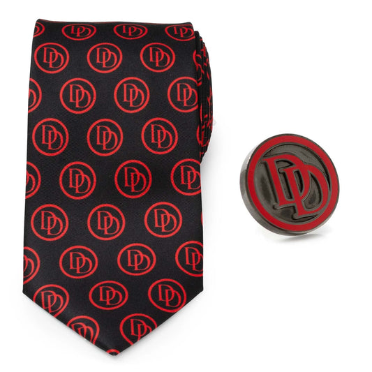 Marvel Daredevil Men’s Black Tie and Embossed Logo Lapel Pin Gift Set