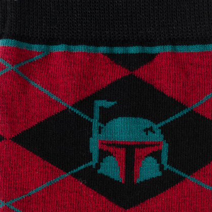 Star Wars Boba Fett Maroon and Black Argyle Socks and Crest Lapel Pin Gift Set