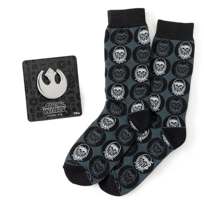 Star Wars Chewbacca Black Dress Socks and Rebel Alliance Starbird Crest Lapel Pin Gift Set