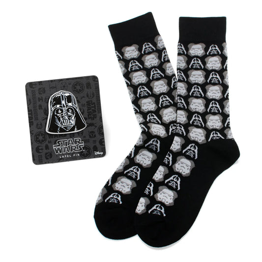 Star Wars Darth Vader and Stormtrooper Black Dress Socks and Darth Vader Lapel Pin Gift Set