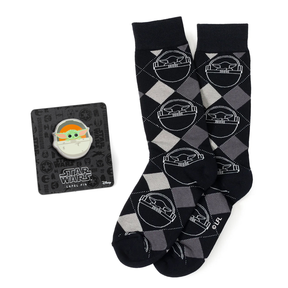 Star Wars Grogu Charcoal Gray Argyle Socks and Lapel Pin Gift Set