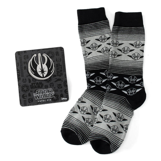 Star Wars Yoda Gray and Black Ombre Pattern Dress Socks with Jedi Crest Lapel Pin