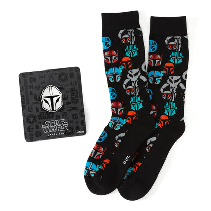 Star Wars Mandalorian and Mythosaur Multicolored Navy Dress Socks and Lapel Pin Gift Set
