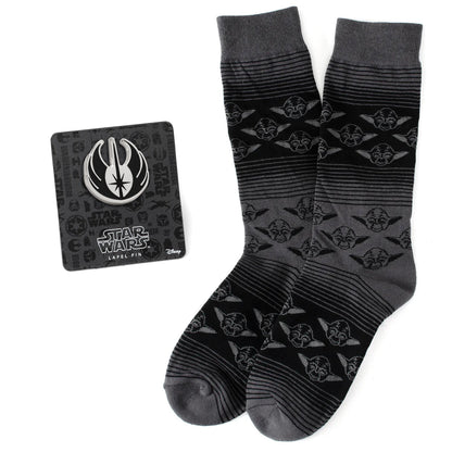 Star Wars Yoda Black Charcoal Dress Socks and Jedi Crest Lapel Pin Gift Set