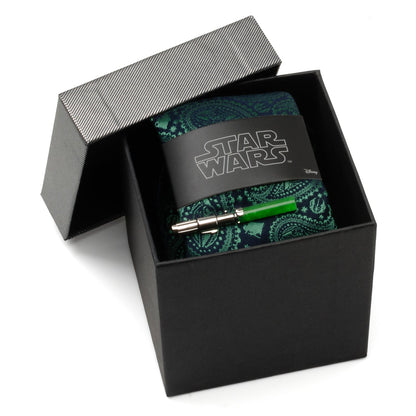 Star Wars Yoda Green and Blue Paisley Tie and LIGHTSABER Tie Clip Gift Set