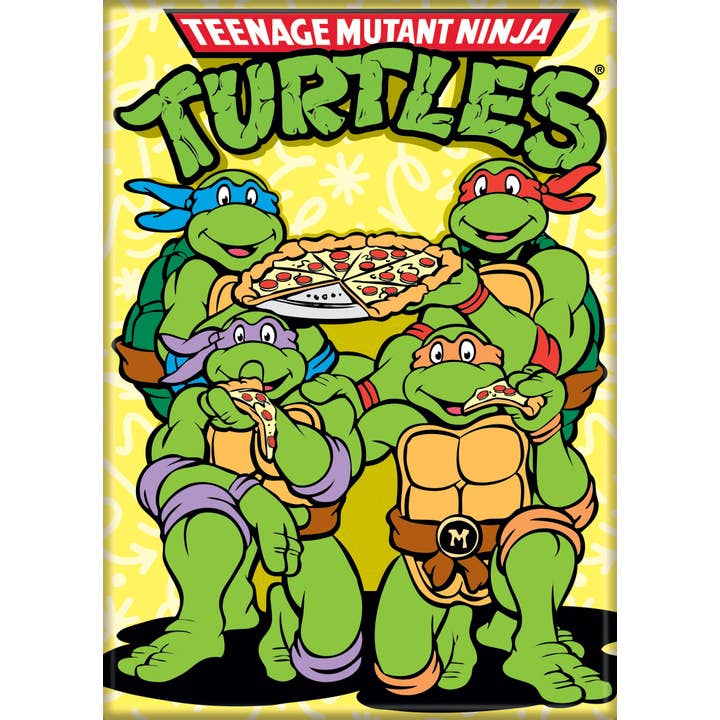 TMNT Team Eating Pizza with Logo Magnet