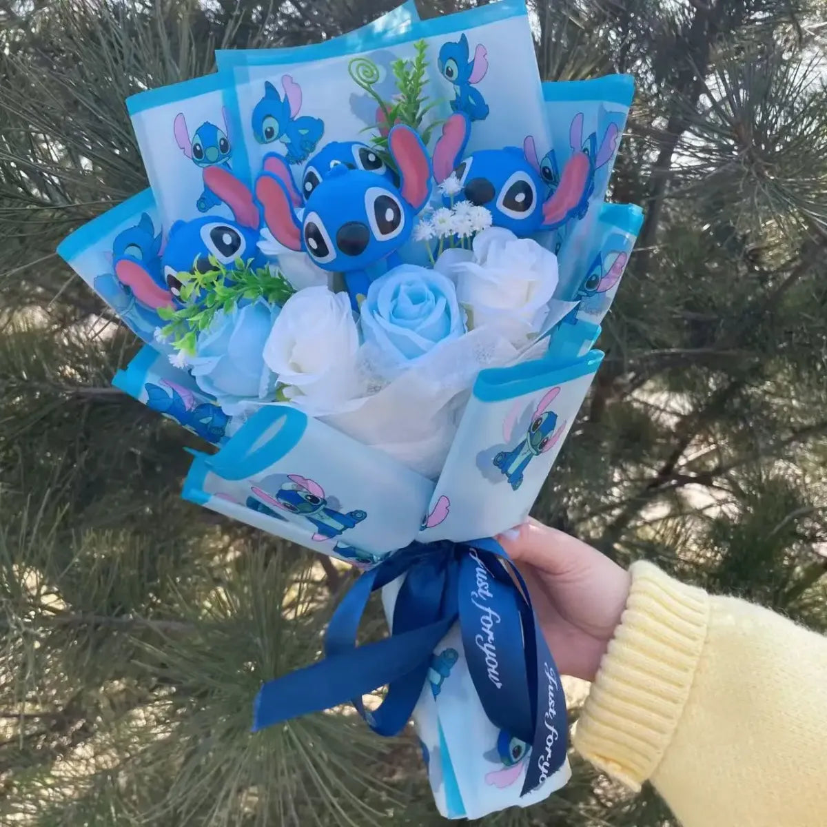 Disney Kawaii Stitch Plush Bouquet – Blue Cartoon Action Figure Gift Set