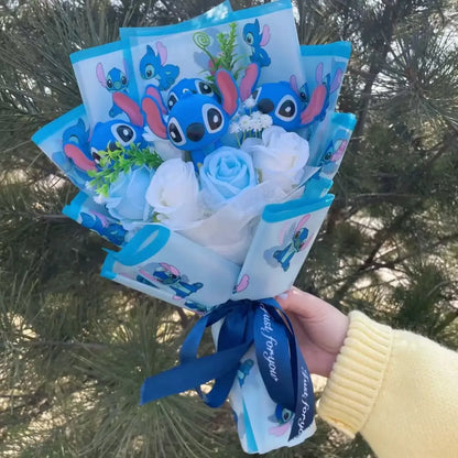 Disney Kawaii Stitch Plush Bouquet – Blue Cartoon Action Figure Gift Set