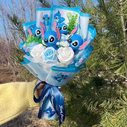 Disney Kawaii Stitch Plush Bouquet – Blue Cartoon Action Figure Gift Set
