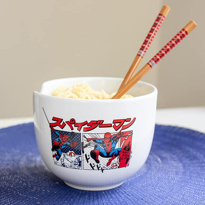 Marvel Spider-Man Kanji Manga Panels 5" Ceramic Bowl with Chopsticks